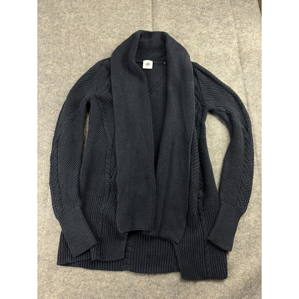 Cabi Womens XS Fisherman Chunky Open Front Cable Knit Cardigan Sweater Navy EUC